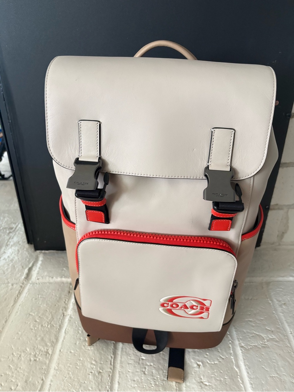 Coach Cream Leather Backpack with Red Trim and Brown Base